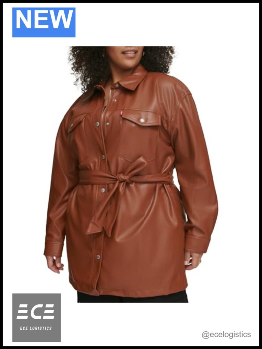 Faux Leather Belted Shirt Jacket Snap Zip Chest Pockets
